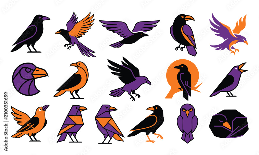 Naklejka premium Collection of modern raven and bird illustrations in geometric and minimalist styles