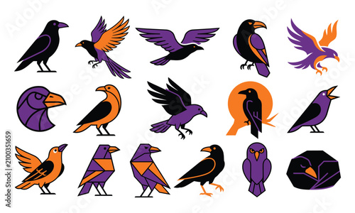 Collection of modern raven and bird illustrations in geometric and minimalist styles