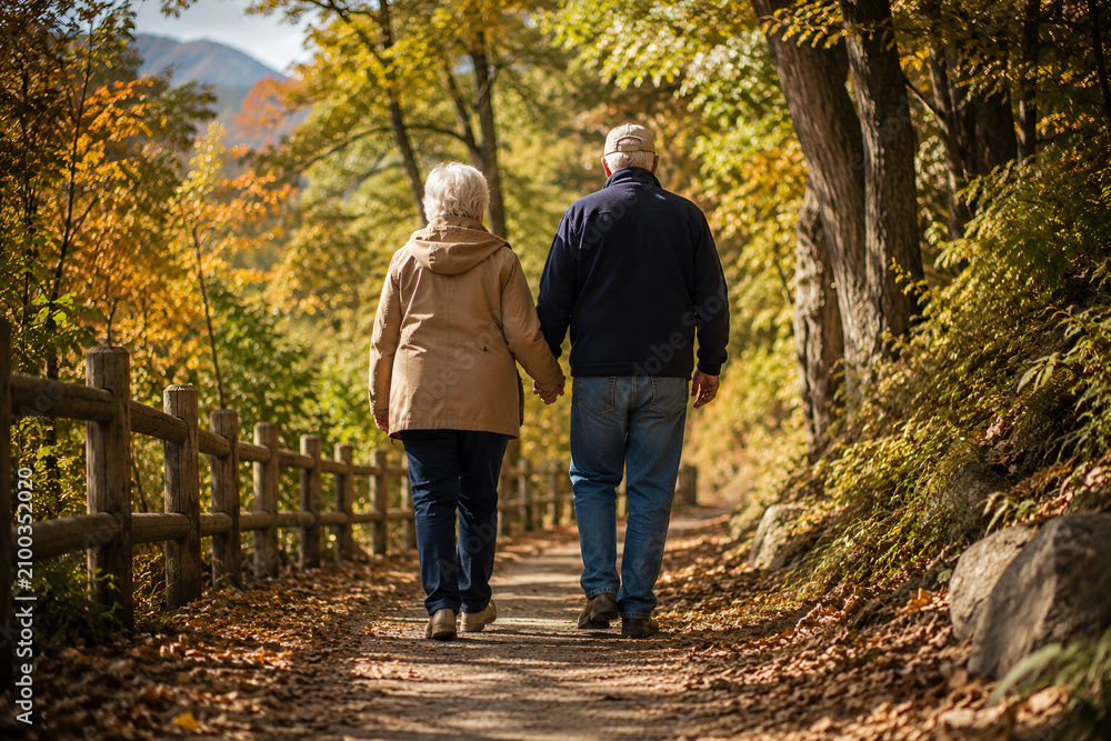 Fototapeta premium Elderly couple holding hands on trail . Walking on Forest Trail. Behind