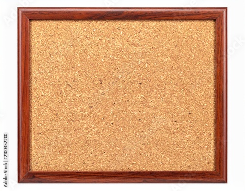 A framed corkboard with a natural, textured surface isolated on white