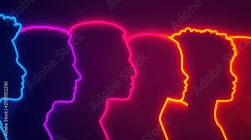 Neon outlines of six diverse human profiles facing sideways, glowing in blue, purple, red, and yellow hues against a dark background.