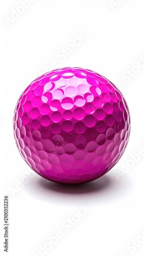 A single, vibrant pink golf ball with dimples rests on a white background