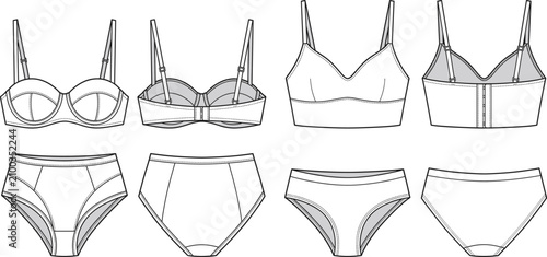 Tableau sur toile Technical fashion sketches of lingerie bra and panty designs with detailed seam