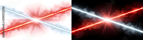 Fotografie Laser Beam crossing red and white rays colliding into a bright starburst flash w
