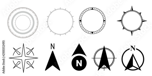 North arrow compass icons and geometric circles for map navigation.
