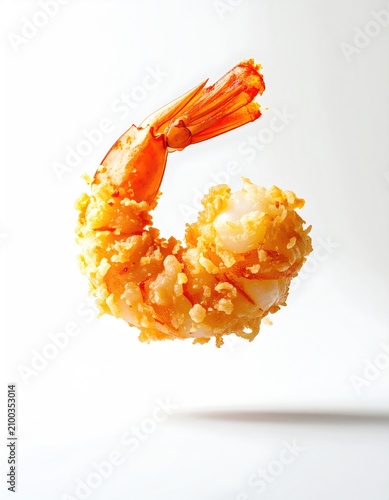 Crispy, golden-brown battered shrimp floats against a bright, white backdrop