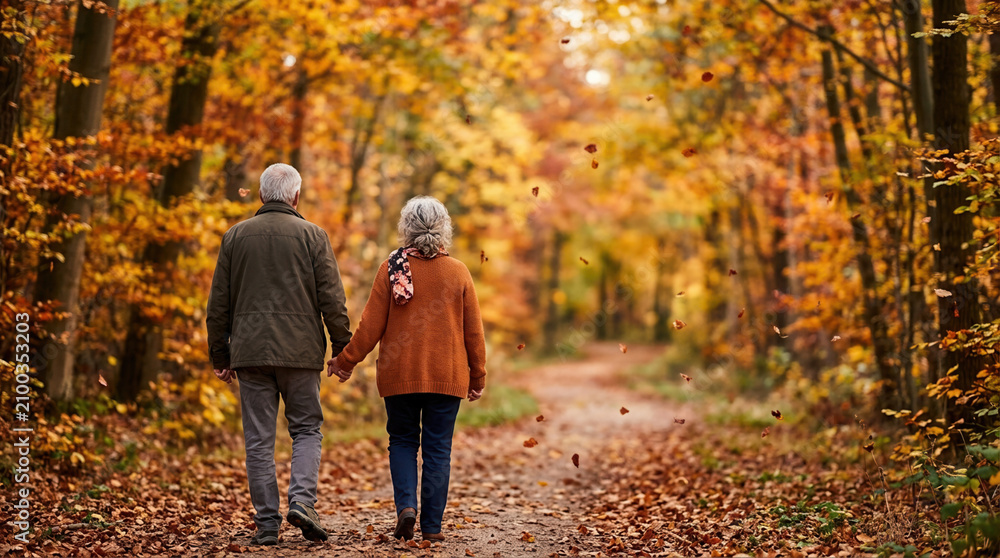 Obraz premium Senior couple strolling together along a picturesque forest trail adorned with vibrant autumn leaves