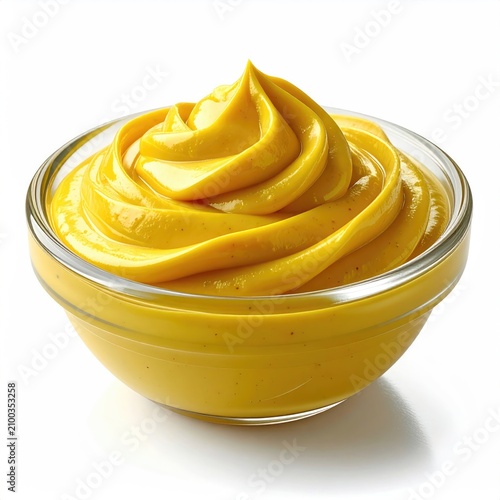 A bright yellow, creamy condiment swirled elegantly in a clear glass bowl