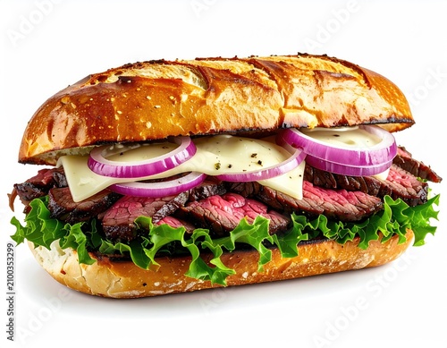 Sliced steak, melted cheese, red onion, and lettuce in a long bun