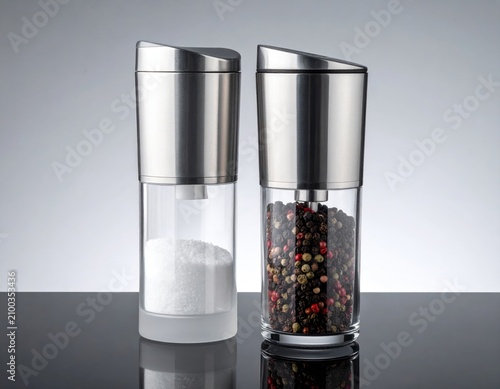 Sleek metal and glass grinders, one filled with salt, the other with peppercorns