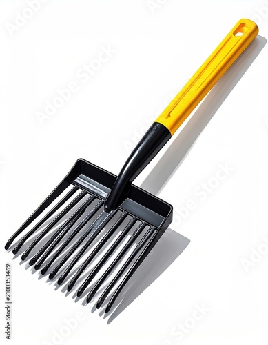 Yellow-handled, black-tined garden fork against a white background