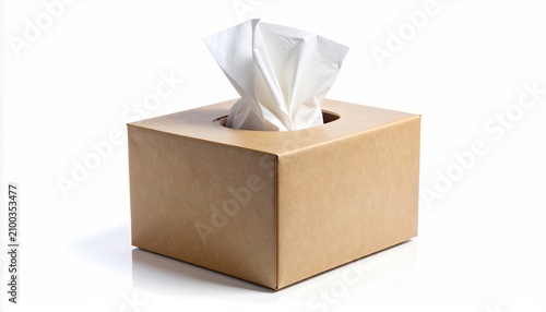 A brown tissue box with white tissues emerging from the top opening