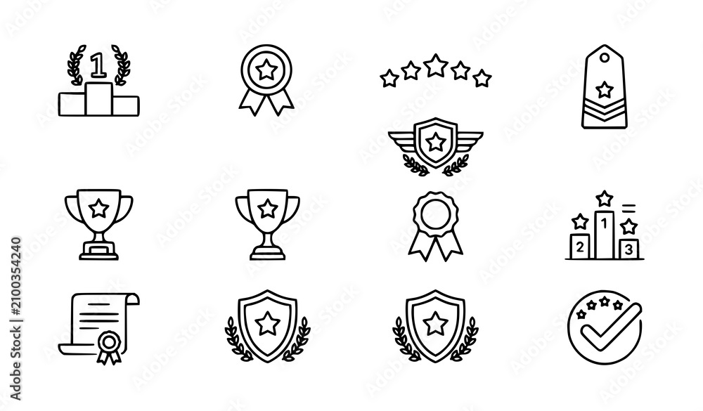Fototapeta premium Ranking and Achievement Linear Icon Set with First Place Medal Star Rating and Military Honor Vector