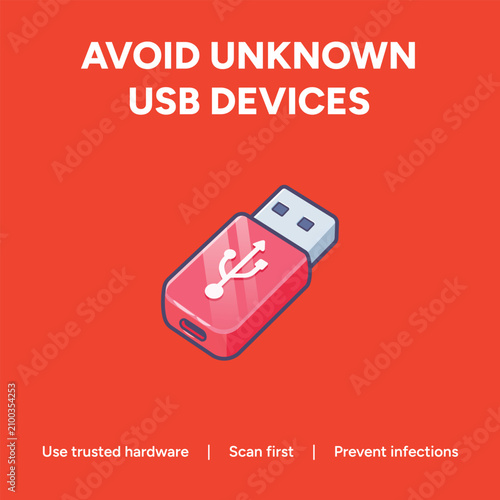 Cybersecurity warning banner to avoid unknown USB devices, flat vector illustration for data protection, digital security awareness poster