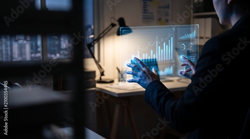 Professional Financial Analyst Using Advanced Holographic Data Interface to Monitor Market Trends in Modern Dark Office Workspace