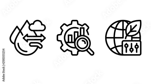 Set of linear icons representing water conservation gear analytics and global sustainability monitoring with sustainability conservation analytics monitoring environment management resource