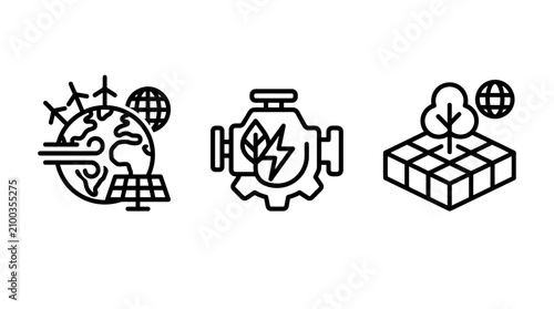 Sustainability and green energy conceptual line icons set with sustainability environment renewable technology conservation industry innovation protection resource environmental development