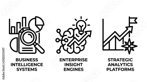 Business intelligence and strategic analytics platform icons with intelligence business analytics strategy enterprise planning platform management optimization research corporate marketing