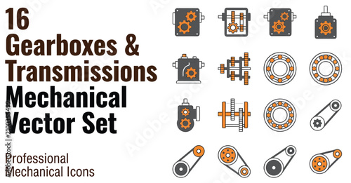 Mechanical Gearboxes and Transmission Vector Icons for Engineering and Industry Design