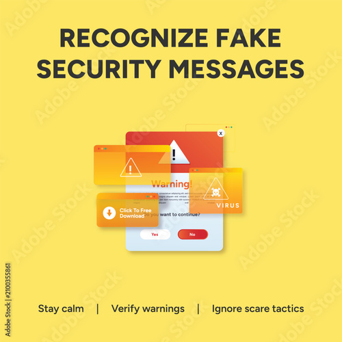 Cybersecurity awareness banner to recognize fake security messages, phishing scam warning popups, digital virus alert vector illustration