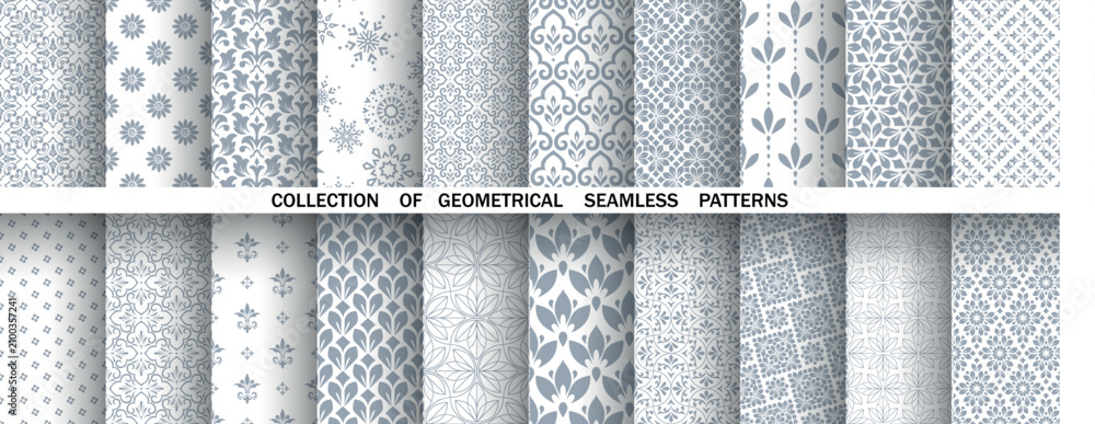 Fototapeta premium Geometric floral set of seamless patterns. White and gray vector backgrounds. Damask graphic ornaments