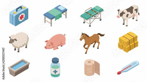 Colorful isometric icons of medical, farm, and industrial items.