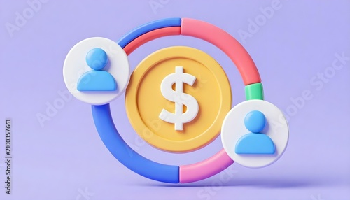 3D illustration of a dollar coin with people icons connected by a colorful ring