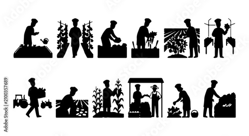 Obraz na płótnie Farm Harvest Icons, Farmer Silhouette Collection, Agriculture Scenes, Rural Life