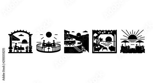 Foto Outdoor Patio Scenes, Sunset Dining Icons, Alfresco Ambiance Graphics, 5 Vector