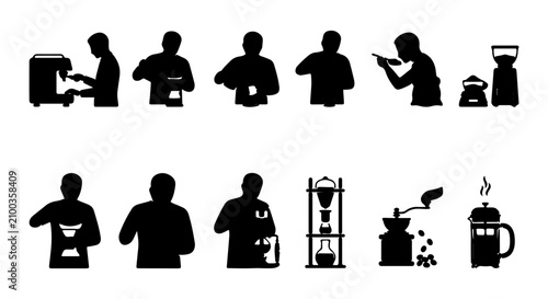 Cuadro en lienzo Coffee Brewing Methods Vector Icons, Barista Actions, Silhouette Set