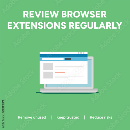 Cybersecurity awareness banner for browser extensions, laptop with web browser interface on green background, internet safety and digital privacy concept