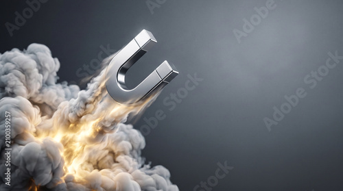 Metal horseshoe magnet blasting through smoke with bright energy