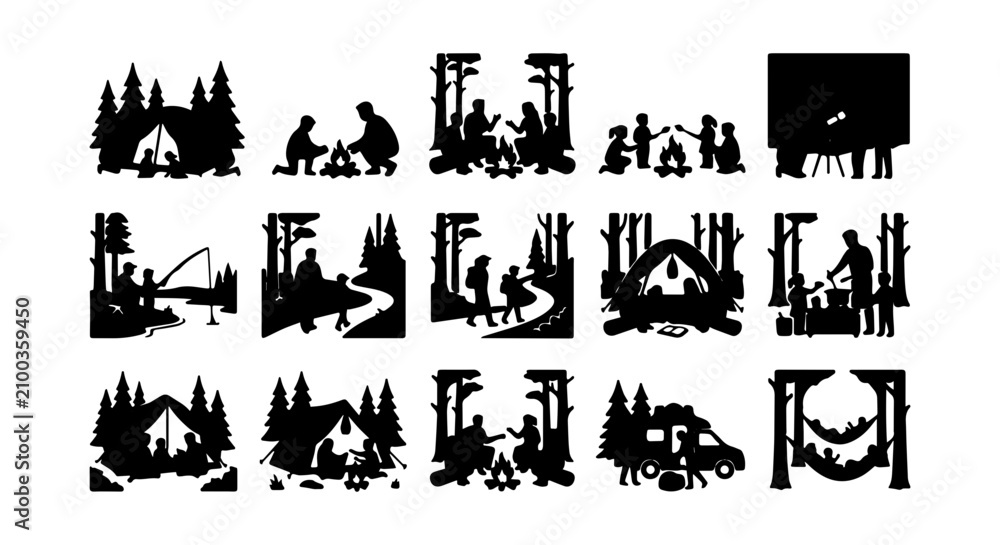 Obraz premium Camping Silhouettes, Outdoor Adventure Scenes, Family Recreation Vector Icons, Nature Camp Elements