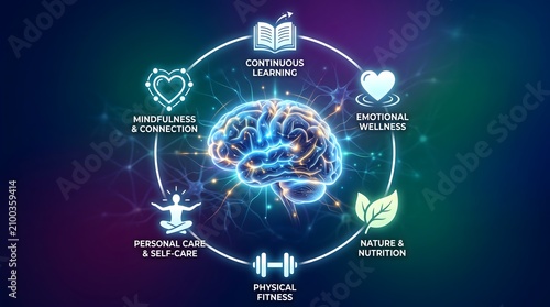 Glowing human brain surrounded by holistic health and wellness icons