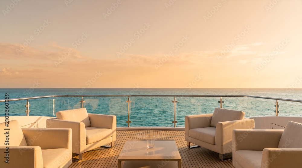 Fototapeta premium Luxury yacht deck with seating and ocean view at sunset