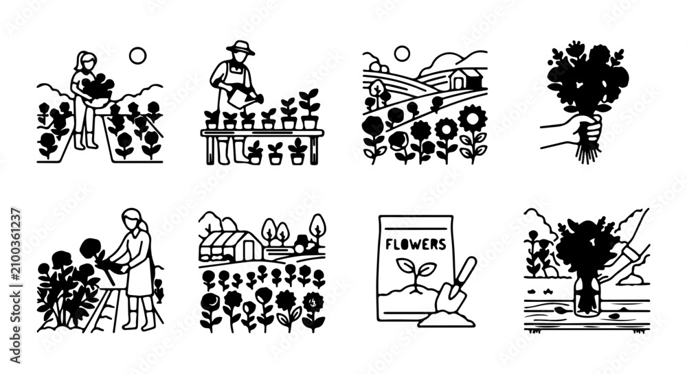 Fototapeta premium Gardening Icons Set, Floral Farming Vector Graphics, Flower Harvest Illustrations, Organic Agriculture Line Art
