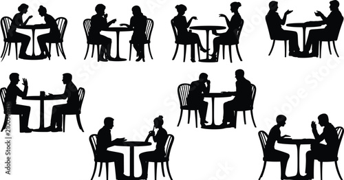 People talking at table silhouettes collection cafe conversation meeting scene vector set