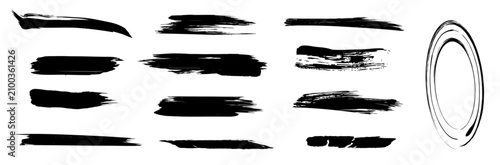 Straight line vector brush strokes. Black hand drawn stripes, smears. Chinese or Japanese calligraphy brushstrokes set. Rough grunge thick paint line texture. Vector sketch rectangle text boxes