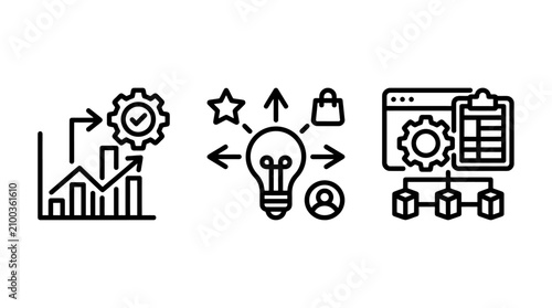 Business idea development and strategic performance planning icons with business innovation strategy performance optimization management development creativity planning analysis structure