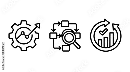 Business operations data analysis and process optimization icons with business operations analysis optimization performance management statistics workflow research magnifying improvement