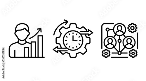 Professional development and time management icons showing person with growth chart clock in gear for efficiency workforce network human resources business development professional training