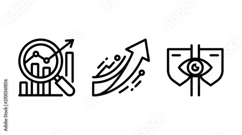Business analytics and strategic vision icon set with analytics business strategy analysis magnifying research performance management corporate planning evaluation improvement investment