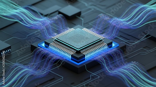 AI concept Artificial Intelligence technology circuit motherboard chip computer design machine deep learning data network analysis futuristic. 3d rendering.