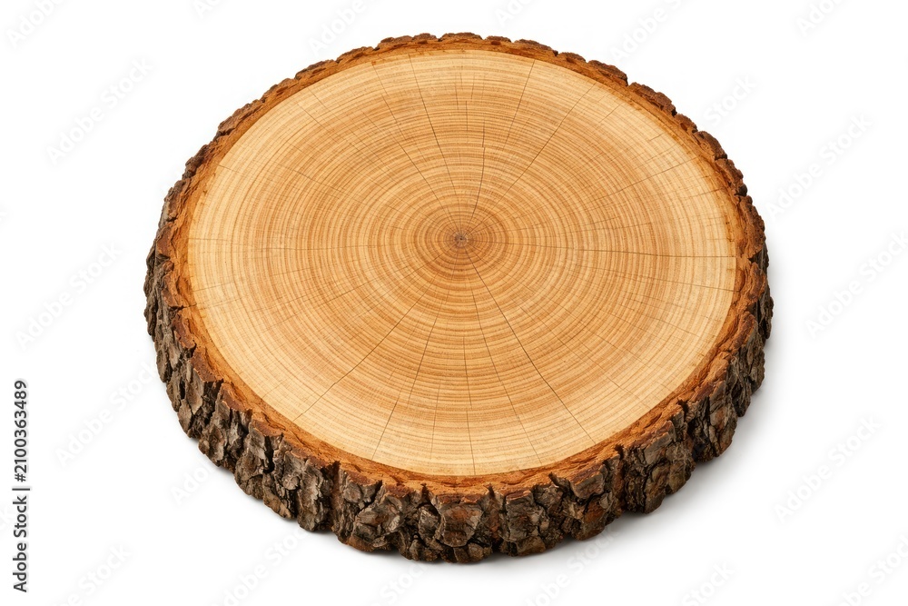 Obraz premium Round wooden tree slice with bark on white background.
