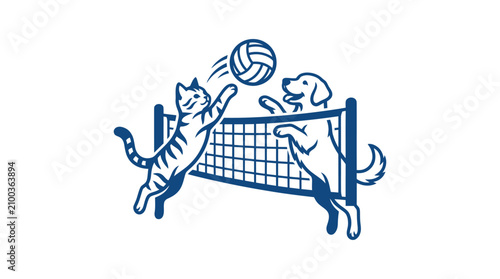 Photos Cat and dog playing volleyball together.