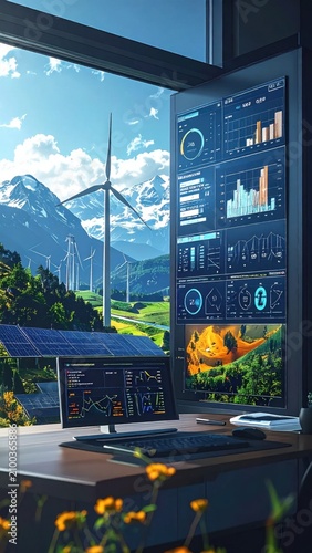 Renewable energy monitoring dashboard on computer screens overlooking wind turbines and solar panels in mountain landscape