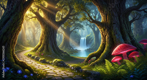 Enchanted forest scene with sunbeams filtering through ancient trees, a stone path, waterfall, and glowing mushrooms, symbolizing magic, nature, and tranquility
