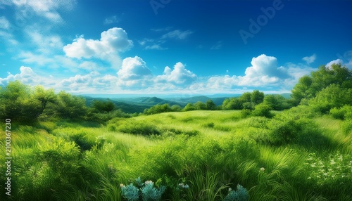 vibrant summer landscape featuring lush green grass and thick bushes under a bright blue sky with fluffy clouds in a hand painted style vegetation scenic horizon