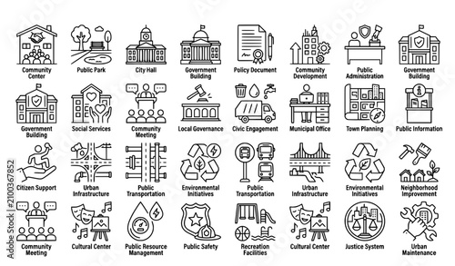 Public Service and Community Infrastructure Thin Line Icon Set with Editable Stroke