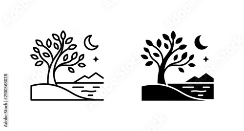 Minimalist Tree Landscape Icons, Night Scene Vector Set, Nature Silhouette Graphics